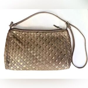 Meyers USA Intrecciato Metallic Golden Beige Leather Small Shoulder Bag